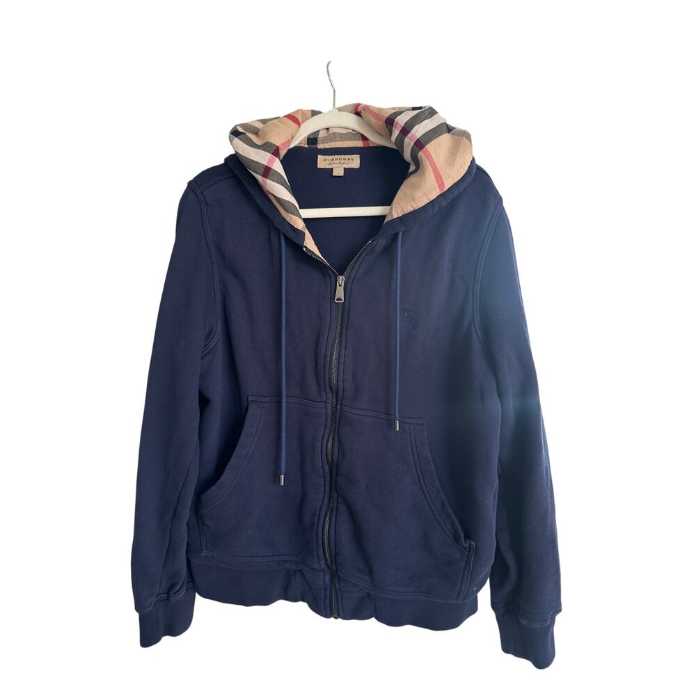 Burberry London Hoodie Navy Nova CheckLined FullZip Heavyweight Sweatshirt Large
